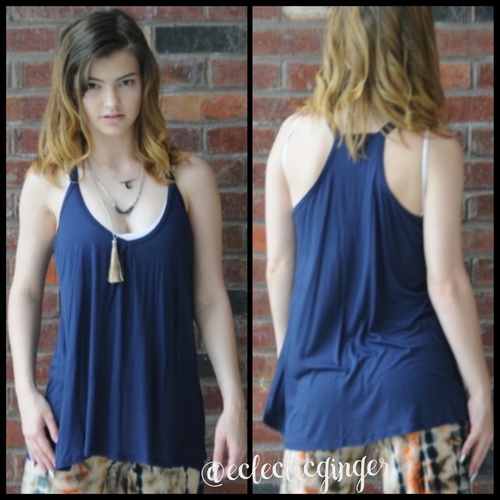 Navy blue V neck spaghetti strap racerback flowy tank top Small Medium Large